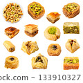 set of various baklava pieces cut out on white 133910327