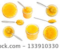yellow caviar of trout fish in can and spoons 133910330