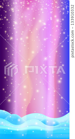 Realistic cartoon Chhristmas snow hills with falling snowflakes and northern lights vertical background. Winter vertical landscape design element with snow. north pole snowy fields and falling snow 133910332