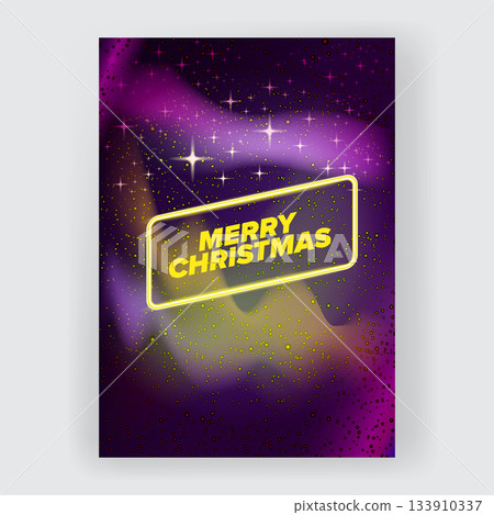 Merry Christmas square poster and banner with neon greeting text and night stars and lights. Merry Christmas flyer, card or invitation with starry space and text Merry Christmas square poster and banner with neon greeting text and night stars and lights. Merry Christmas flyer, card or invitation with starry space and text 133910337