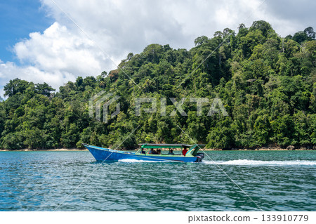 Boat near an islet of the Togian Islands, Sulawesi, Indonesia 133910779