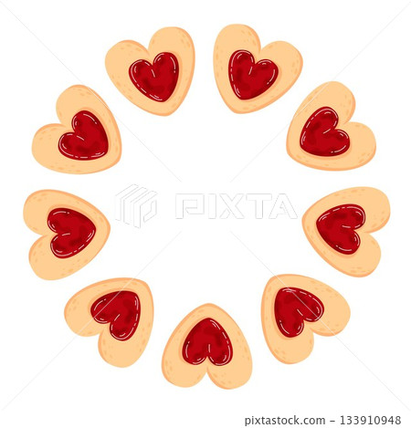 Wreath with heart shaped cookie with strawberry jam in flat style. Sweet love symbol of linzer cookie for Valentine Day holiday for bakery greeting card. 133910948