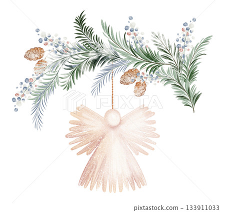 Christmas garland with fir branches, cones and hanging angel. Watercolor element for postcard and holiday design. Isolated ornament for xmas and new year. 133911033
