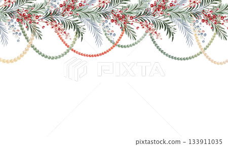 Seamless Christmas pine garland border with watercolor berries and beads. Evergreen frame for greeting card, banner and holiday design. Isolated winter decoration element. Seamless Christmas pine garland border with watercolor berries and beads. Evergreen frame for greeting card, banner and holiday design. Isolated winter decoration element. 133911035