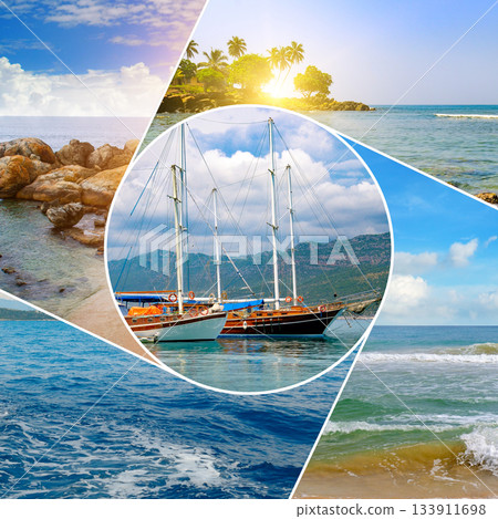 Tropical Vacation Collage with Sailboats and Scenic Beaches 133911698
