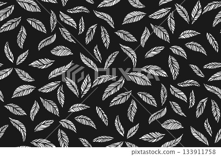 Leaves or feathers abstract seamless pattern on black background Leafage endless vector Illustration Leaves or feathers abstract seamless pattern on black background Leafage endless vector Illustration 133911758