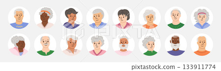 Set of avatars of happy smiling elderly people portraits seniors old men women characters set vector Set of avatars of happy smiling elderly people portraits seniors old men women characters set vector 133911774