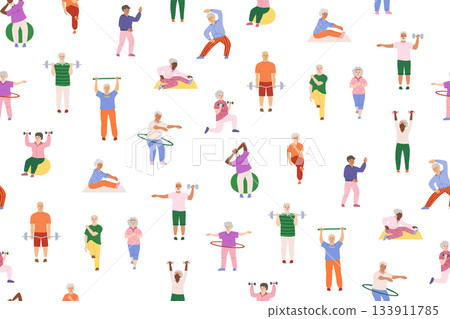Older people play sports seamless pattern active elderly fitness characters endless repeat vector 133911785