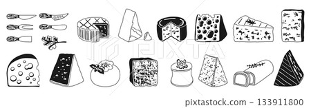 Cheese hand drawn black and white glyph set illustration contour food vector doodle line design Cheese hand drawn black and white glyph set illustration contour food vector doodle line design 133911800