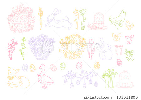 Easter elements doodle set hand drawn line illustration rabbit chicken goose lamb childish vector 133911809