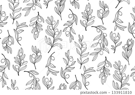 Olive branches with leaves olives seamless pattern botanical elegant vector boundless background Olive branches with leaves olives seamless pattern botanical elegant vector boundless background 133911810