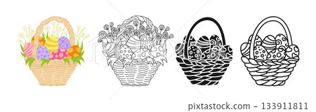 Happy easter eggs in basket symbol cartoon set cartoon set vector illustration linear doodle icon Happy easter eggs in basket symbol cartoon set cartoon set vector illustration linear doodle icon 133911811
