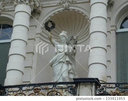 Statue of Nike, goddess of victory, balcony, Linderhof Palace, Bavaria, Germany 133911953