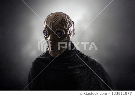 Robot android over dark misty background with clipping path Robot android over dark misty background with clipping path 133911977