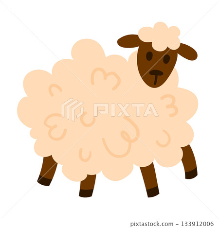 Fluffy white sheep with curly wool standing. Simple flat style, isolated on white. Great for farm, livestock, and nursery projects 133912006