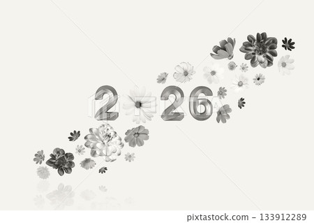 Demonstrating the colors of 2026 - Cloud Dancer. Background of flowers cosmos, dahlias, osteospermum and marigolds. Floral Greeting card. 133912289