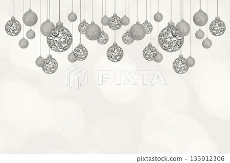 Demonstrating the colors of 2026 - Cloud Dancer. Christmas tree baubles on background with snowflakes. Festive winter holiday background. Design with copy space for greeting card, advertising 133912306