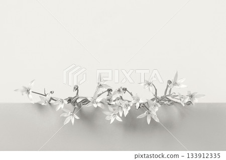 Demonstrating the colors of 2026 - Cloud Dancer. Concept scene stage showcase for new product, banner, promotion sale, cosmetic, presentation. Podium and flowers 133912335