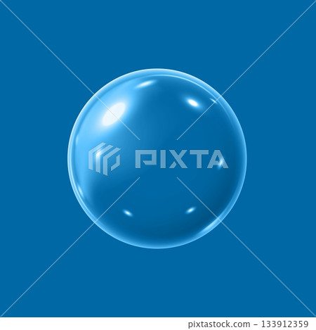 Realistic 3D glass ball with glares and highlight effect, vector glossy transparent volume glass sphere bubble. on blue 133912359