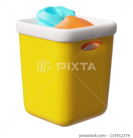 Laundry basket with cloth 3D cartoon vector, dirty clothes in yellow container, home laundry equipment isometric view 133912374