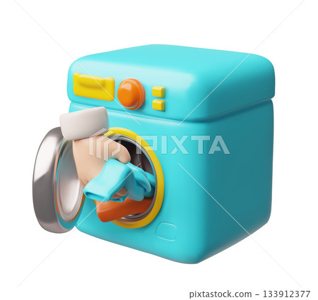 Automatic washing machine, hand loads clothes inside vector 3D cartoon plastic style, laundry equipment home appliance Automatic washing machine, hand loads clothes inside vector 3D cartoon plastic style, laundry equipment home appliance 133912377