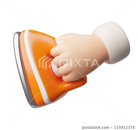 Hand holding iron 3D cartoon plastic style vector icon, laundry equipment, electronic home appliance smoothing clothes 133912378
