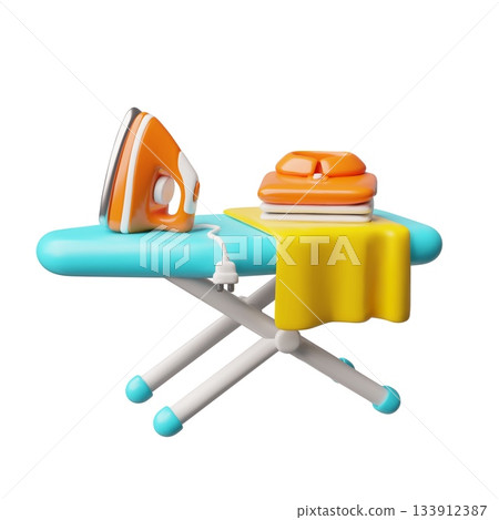 Ironing board with iron and a stack of clothes 3D cartoon plastic style, vector laundry equipment, home appliance Ironing board with iron and a stack of clothes 3D cartoon plastic style, vector laundry equipment, home appliance 133912387