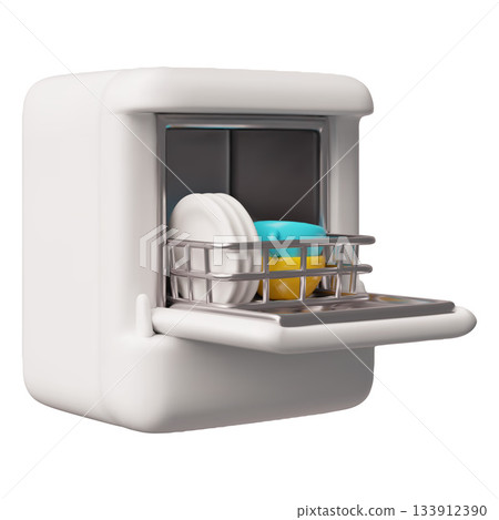 Open dishwasher with clean kitchenware 3D cartoon vector icon, kitchen household equipment, electronic home appliance 133912390