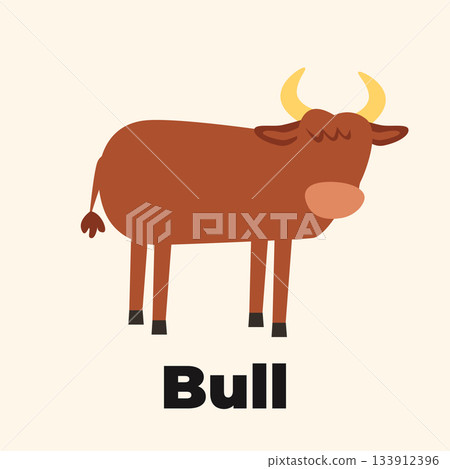 Cute Bull Flashcard for Kids in Flat Animal Learning Style for Preschool Education 133912396
