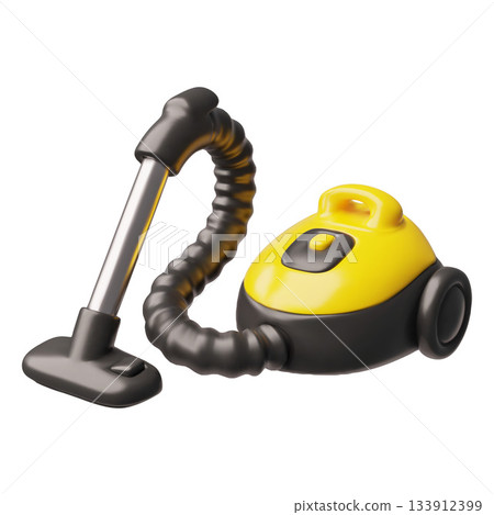 Vacuum cleaner on wheels 3D cartoon plastic style vector icon, yellow black home appliances for cleaning washing floor 133912399
