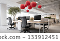 Bright office space featuring desks with computers, four ergonomic chairs, and decorative red lanterns creating a vibrant work environment 133912451