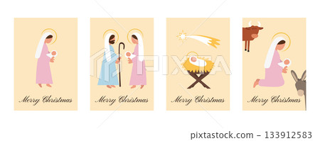Set of Warm Pastel Christmas Cards with Nativity Scenes Holy Family, Angels, Stable Animals and Baby Jesus in the Manger 133912583