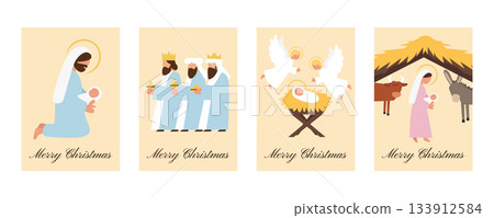 Set of Warm Pastel Christmas Cards with Nativity Scenes Holy Family, Angels, Stable Animals and Baby Jesus in the Manger Set of Warm Pastel Christmas Cards with Nativity Scenes Holy Family, Angels, Stable Animals and Baby Jesus in the Manger 133912584