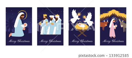 Set of Christmas Cards with Nativity Scenes Holy Family, Angels, Stable Animals and Baby Jesus in the Manger 133912585