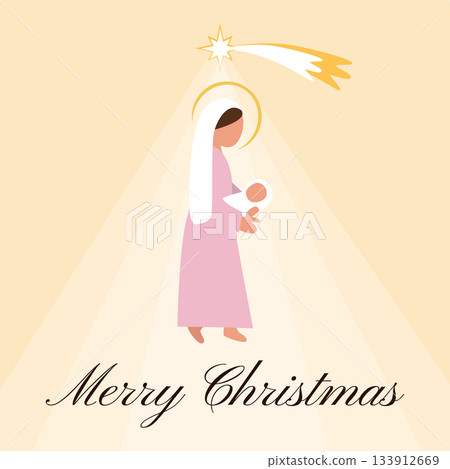 Warm Christmas Greeting Card with Mary Holding Baby Jesus and the Star of Bethlehem Soft Pastel Nativity Illustration Warm Christmas Greeting Card with Mary Holding Baby Jesus and the Star of Bethlehem Soft Pastel Nativity Illustration 133912669