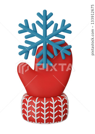 Cozy knitted winter mitten holding large, intricate snowflake in 3d render, symbolizing the first snow and winter magic Cozy knitted winter mitten holding large, intricate snowflake in 3d render, symbolizing the first snow and winter magic 133912675