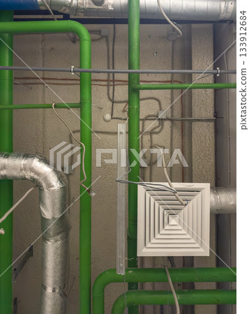Industrial mechanical setting, Mechanical room with infrastructure details and fixtures 133912684