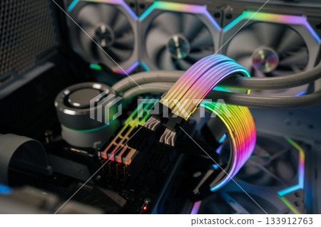 Multicolored cables glowing inside custom gaming pc, highlighting intricate RGB illumination and powerful hardware components, close-up, nobody. Concept of modern technology. Multicolored cables glowing inside custom gaming pc, highlighting intricate RGB illumination and powerful hardware components, close-up, nobody. Concept of modern technology. 133912763