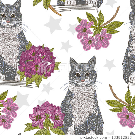 seamless pattern with cats and flowers 133912833