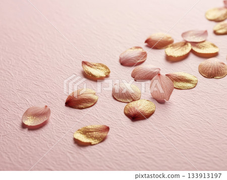 Gold-lacquered cherry blossom petals and pink washi paper (AI-generated image) Gold-lacquered cherry blossom petals and pink washi paper (AI-generated image) 133913197