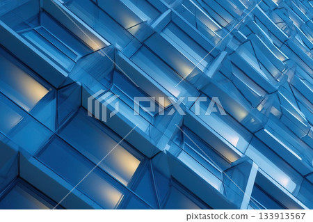 Architectural Glass Facade with Geometric Blue Windows 133913567