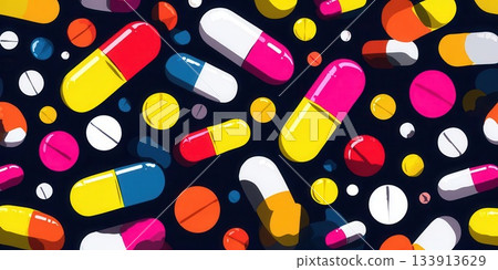 Colorful Capsules and Pills on Dark Background Pattern 133913629