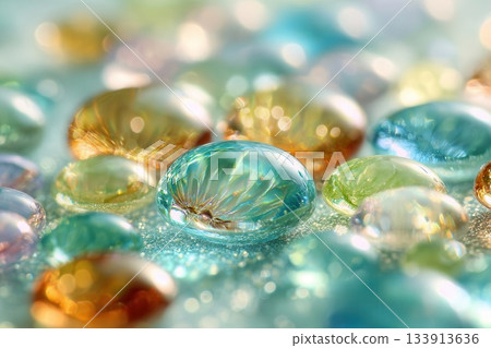 Colorful Glass Pebbles on Glitter Surface, Bokeh Effect Colorful Glass Pebbles on Glitter Surface, Bokeh Effect 133913636