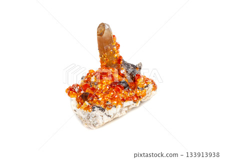 macro mineral stone Spessartine, orange, red garnet with quartz on white background macro mineral stone Spessartine, orange, red garnet with quartz on white background 133913938