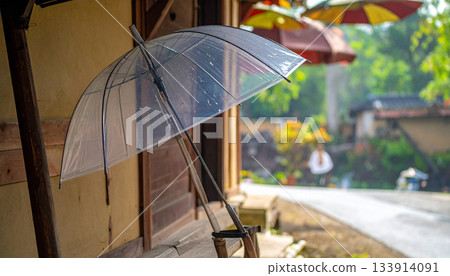 Transparent Umbrella Leaning Against Building 133914091