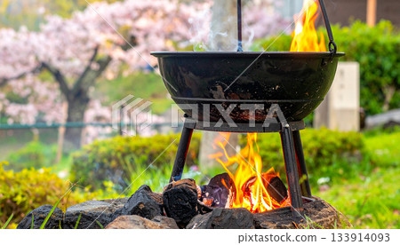 Outdoor Fire Pit Burning with Flames and Smoke 133914093