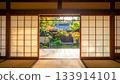 Traditional Japanese Garden View Through Shoji Doors 133914101