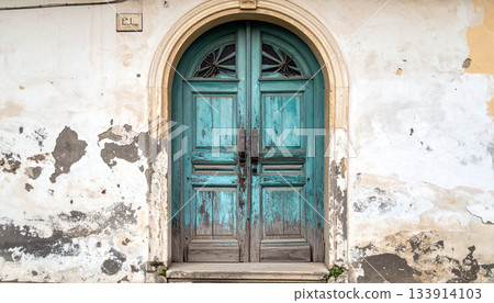 Old Weathered Blue Door in Stone Wall Old Weathered Blue Door in Stone Wall 133914103