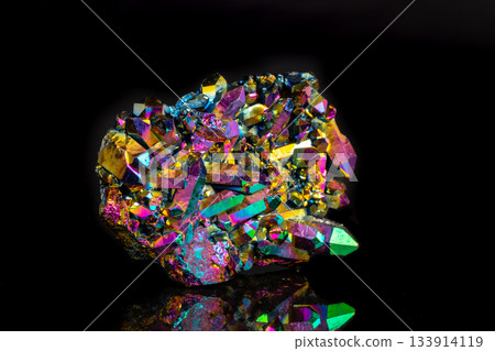 Macro mineral stone Titanium Quartz, Flame Aura Quartz on a black background 133914119