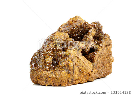 Macro mineral stone Garnet, Green Garnet, Epidote Grossular in the rock on a white background 133914128